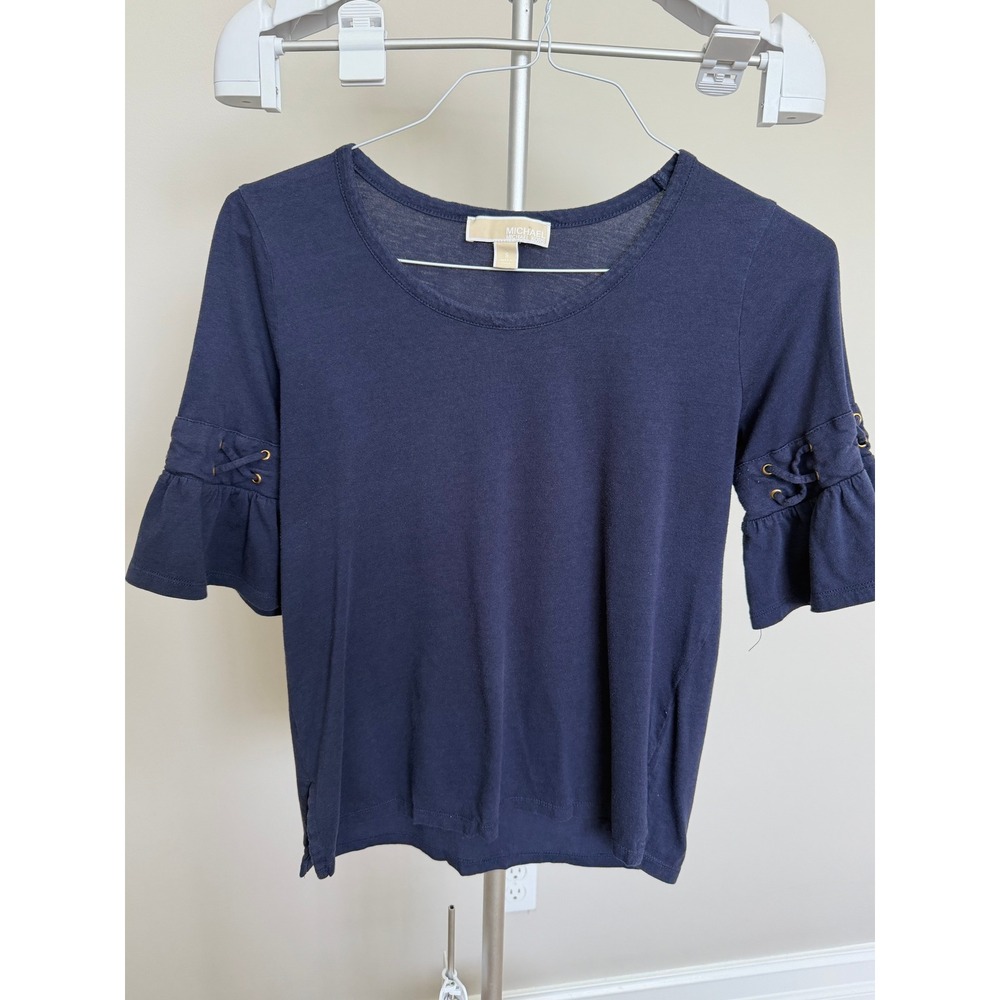 Michael Kors Top Women Medium Navy Blue Cotton Up Ruffle Sleeve Casual Shirt